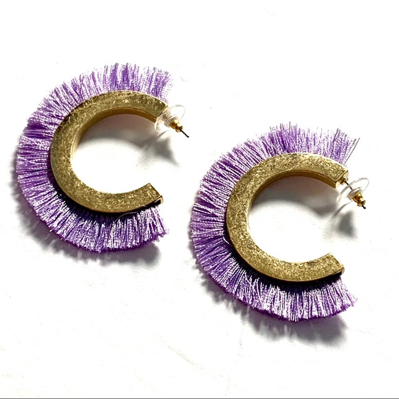 Purple Fringe Matte Gold Hoop Boho Earrings - Picture 2 of 7